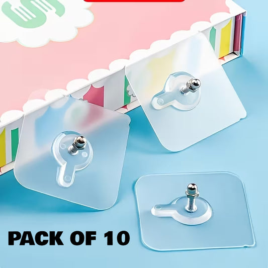 Transparent Self-Adhesive Wall Hooks Sticker Free Hanging - Pack of 10